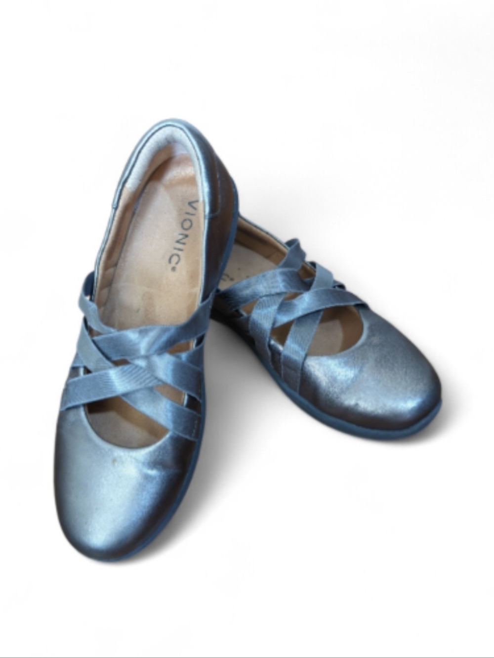 Vionic Metallic Pewter Crisscross Strap Comfy Ortho Flats